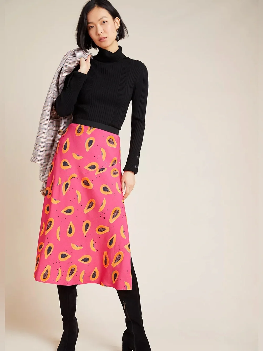 NWT Anthropologie Abstract Midi Skirt Papayas Pink Yellow L Large